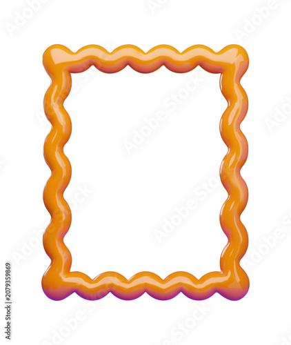 A glossy orange 3D vector illustration wavy frame isolated on a white background. Features a squiggly cartoon border with a shiny plastic texture and purple accents.