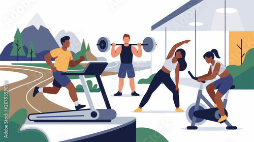 A diverse group of people exercising together at a gym with a scenic outdoor backdrop