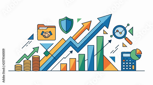 A colorful infographic illustration with various graphs and symbols