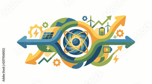 A colorful infographic featuring swirling arrows and renewable energy symbols