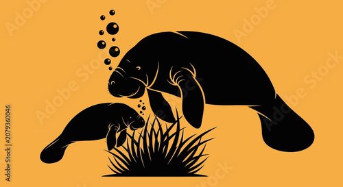 Manatee and Calf Silhouette in Nature Scene.