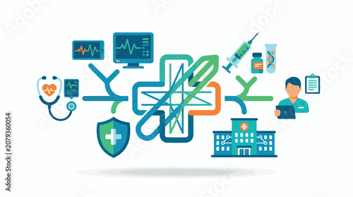 A colorful infographic featuring medical symbols and icons