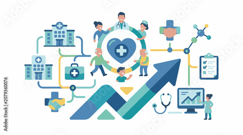 A colorful infographic depicts a growing healthcare system with people and symbols