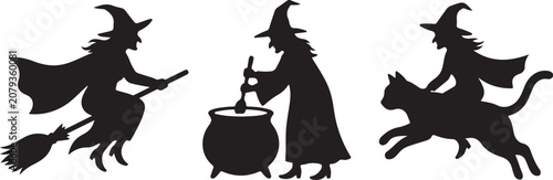 Foto Halloween witch silhouettes, flying sorceress, cauldron brewing set isolated on