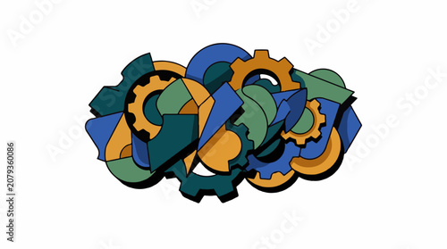 A colorful illustration of interlocking gears in blue green and orange hues (1)