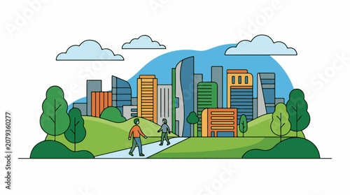 A cityscape with a park and modern buildings