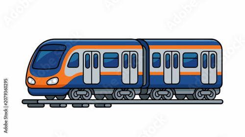 A cartoon-style illustration of a blue orange and gray train on tracks