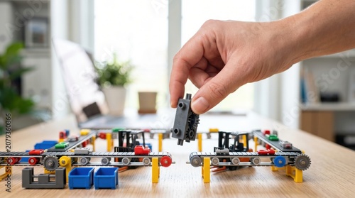 A hand assembling a complex LEGO Technic model on a wooden table in a bright, modern indoor setting.