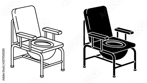 Bild auf Leinwand Commode Chair Line Art and Silhouette: A side-by-side comparison of a commode chair, presented in both a clean line art illustration and a stark black silhouette, highlighting its design and function