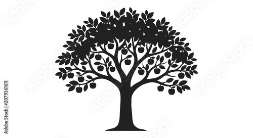Obraz na plátně Apple tree with fruit black silhouette against a white background