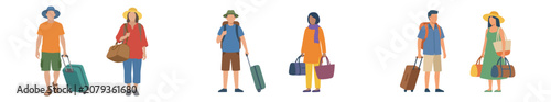 Diverse group of global citizens embarking on new adventures, illustrated with various people carrying luggage, symbolizing the joy and excitement of travel and exploration