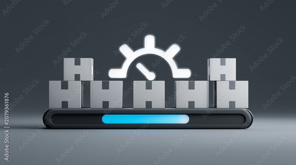 Obraz premium Fast Delivery Speedometer and Package Boxes on Progress Bar Optimizing Shipping Logistics Efficiency and E-Commerce Supply Chain Fulfillment