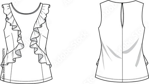 Fashion flat sketch of women sleeveless ruffle top, front and back view blouse design, apparel technical drawing, vector clothing template