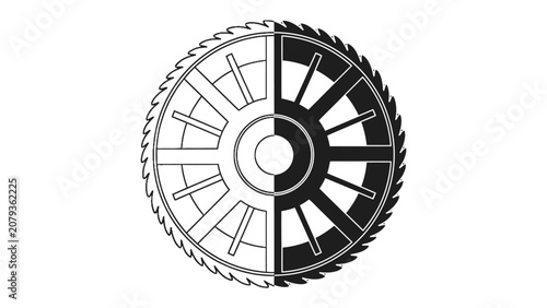 Cuadro en lienzo Saw Blade Symmetry: A graphic representation of a saw blade divided into light and dark halves, showcasing intricate radial patterns and a serrated edge, symbolizing duality and precision