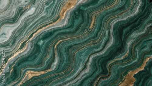Swirling emerald and gold abstract design with fluid, organic forms, creating a luxury feel