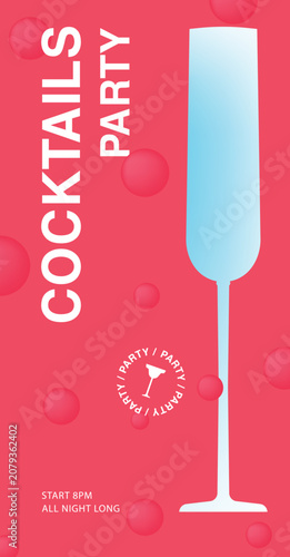 Cocktails party poster template. Champagne glass on promo background with bub...