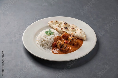 Plate with Chicken Tikka Masala, juicy chicken in creamy tomato curry, served with fluffy rice, crunchy flatbread. Concept of flavorful Indian cuisine on simple backdrop.