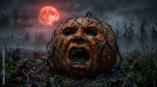 Scary Horror Halloween Pumpkin Monster in Dark Foggy Field with Red Moon