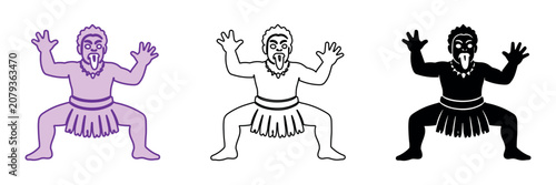 Εκτύπωση καμβά Tribal warrior with tongue out in a fierce stance, presented in three distinct i