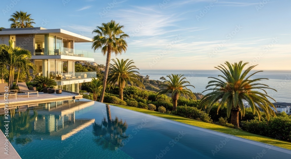 Fototapeta premium Luxury villa with infinity pool overlooking ocean and palm trees