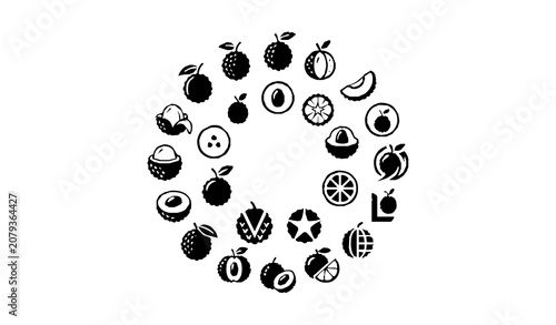 Modern lychee icon set with tropical fruit silhouettes and minimalist vector symbols