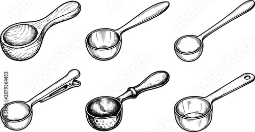 Vintage engraved illustration collection of measuring scoops and kitchen portioning utensils set