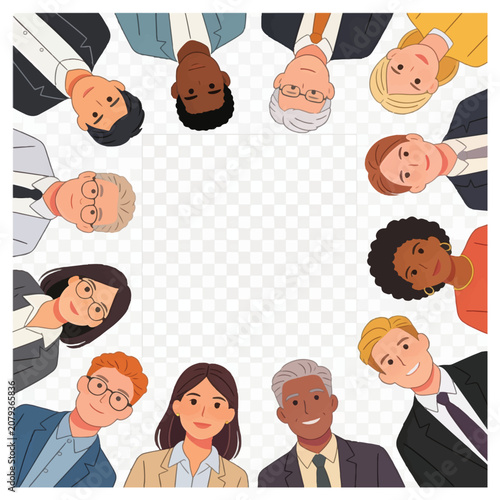 Diverse group of professionals in a huddle, looking down with smiles and an open mind