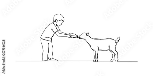 Tableau sur toile Continuous single line drawing of a young boy feeding a small baby goat with a b
