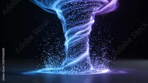 A mesmerizing digital rendering of a glowing blue and purple particle vortex swirling upwards from a dark surface.
