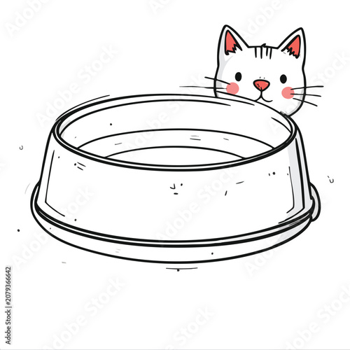 A cute hand drawn cartoon cat looking over an empty food bowl.
