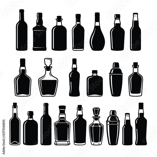 Alcohol And Liquor Bottle Silhouette Vector Set With Whiskey Wine Beer Glass Bottles And Cocktail Shaker Icons For Bar Menu