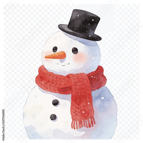 Watercolor illustration of a cheerful snowman with a carrot nose and a red scarf, wearing a black hat