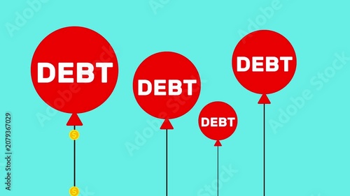 businessman is using a pump to inflate red balloons labeled DEBT cartoon animation