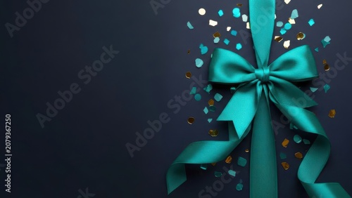 Elegant teal ribbon bow with festive confetti on dark background