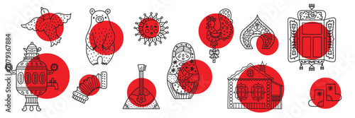 фотографія Russia travel and culture line vector illustration set with  Russian bear, matryoshka doll, samovar and traditional elements