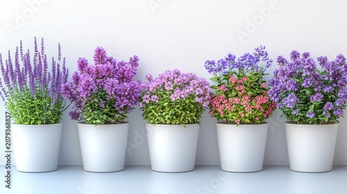 Vibrant flowers bloom in six white pots on a shelf indoors