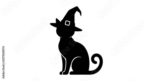 Black cat in witch hat, Halloween vector icon, silhouette animal, spooky pet Vector