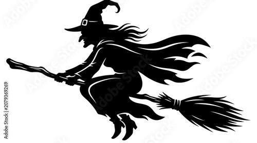 Black silhouette witch flying on broomstick, Halloween icon, vector graphic Vector