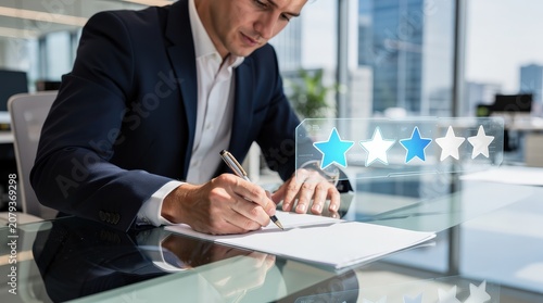 A businessman in a suit writes on paper at a glass desk with a digital rating graphic showing two out of five stars.