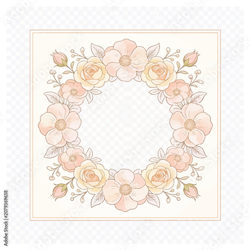 Elegant floral wreath frame illustration with soft pastel peach and cream roses and leaves, perfect for invitations and decorations