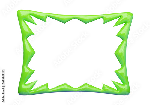 A glossy green 3D vector illustration spiky frame isolated on a white background. Features a sharp, jagged cartoon inner border resembling monster teeth with a shiny plastic texture.