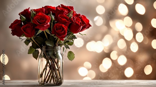 Romantic red roses in a glass jar against a bokeh background.