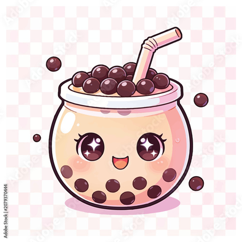 Kawaii Boba Tea Bubble Drink with Cute Face and Straw, Adorable Bubble Tea Illustration