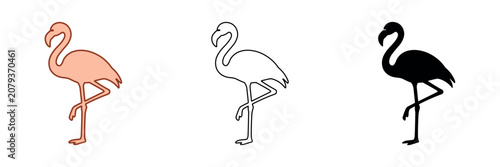 Billede på lærred Three flamingo icons in different styles: solid, outline, and silhouette