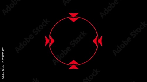 Abstract red circular target graphic with inward-pointing directional elements on a black background, representing concepts of focus, precision, and strategic aim in a minimalist design