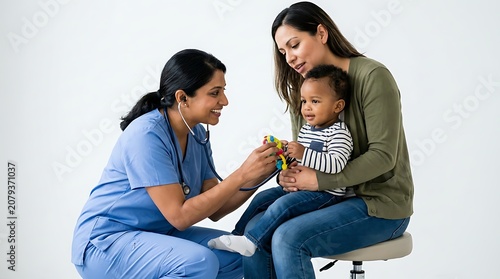 Friendly female pediatrician examines a happy toddler sitting on his mothers lap during a routine wellness checkup in a bright professional medical clinic