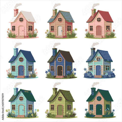 Nine charming cottage designs with smoking chimneys in various color palettes flat vector illustration icon set
