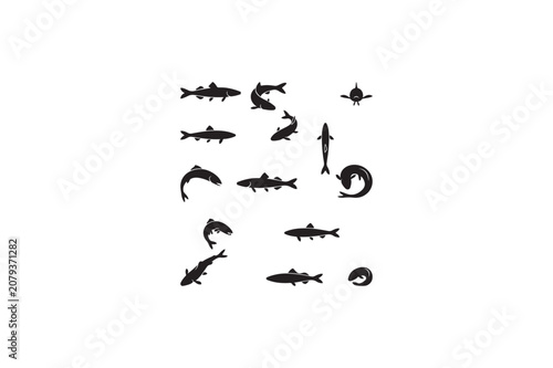 Smelt various style fish vector silhouettes black color image with white color background.eps