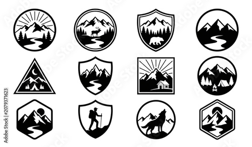 Premium Mountain Valley River Nature Logo Collection Black Vector Badge Set