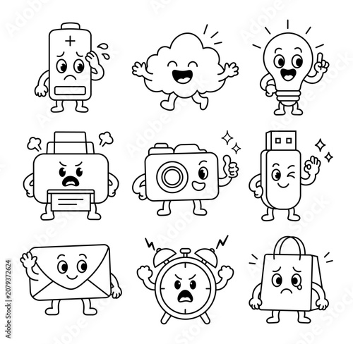Cute Kawaii Technology And Everyday Objects Mascot Character With Expressive Faces